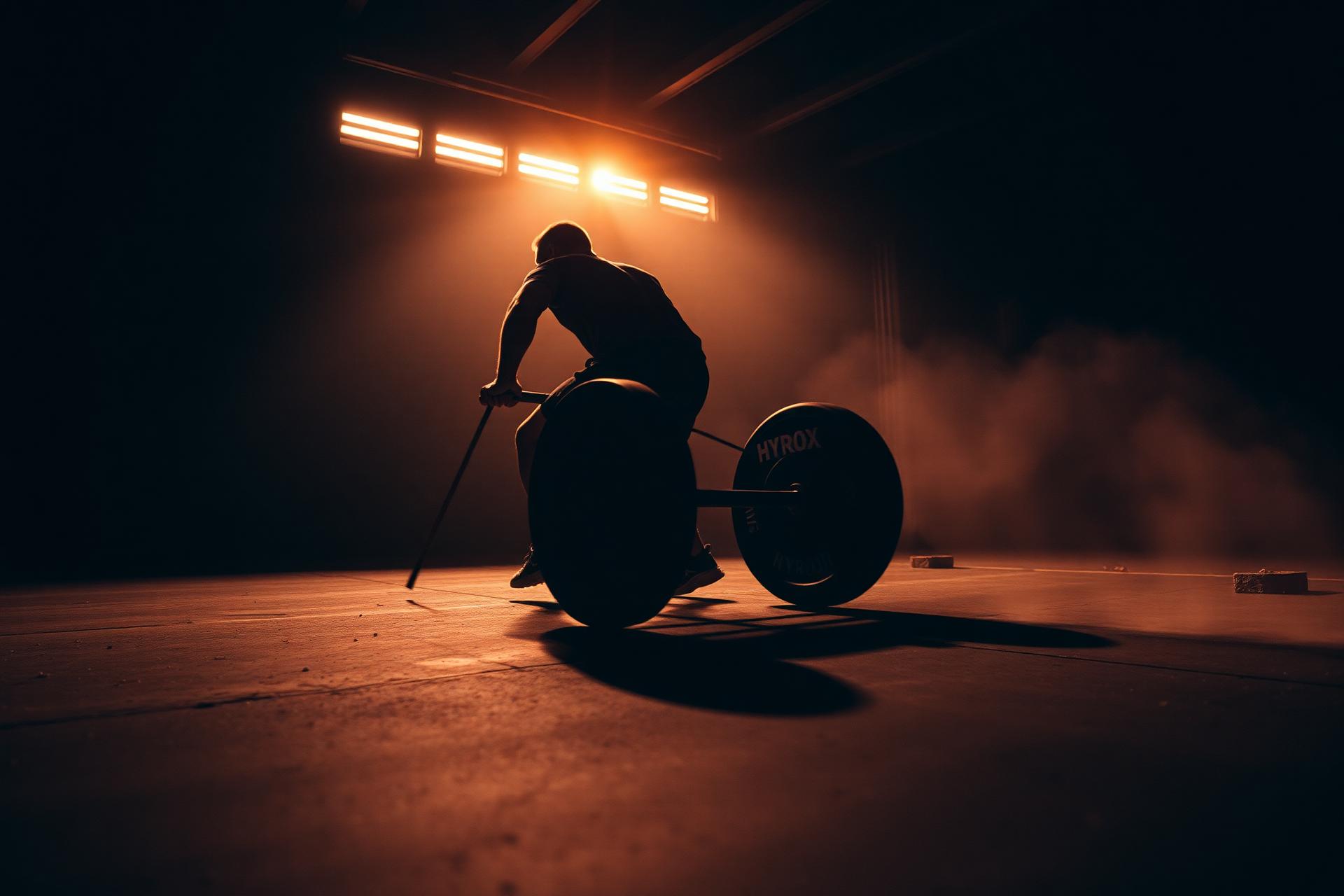 Athlete pushing a HYROX sled